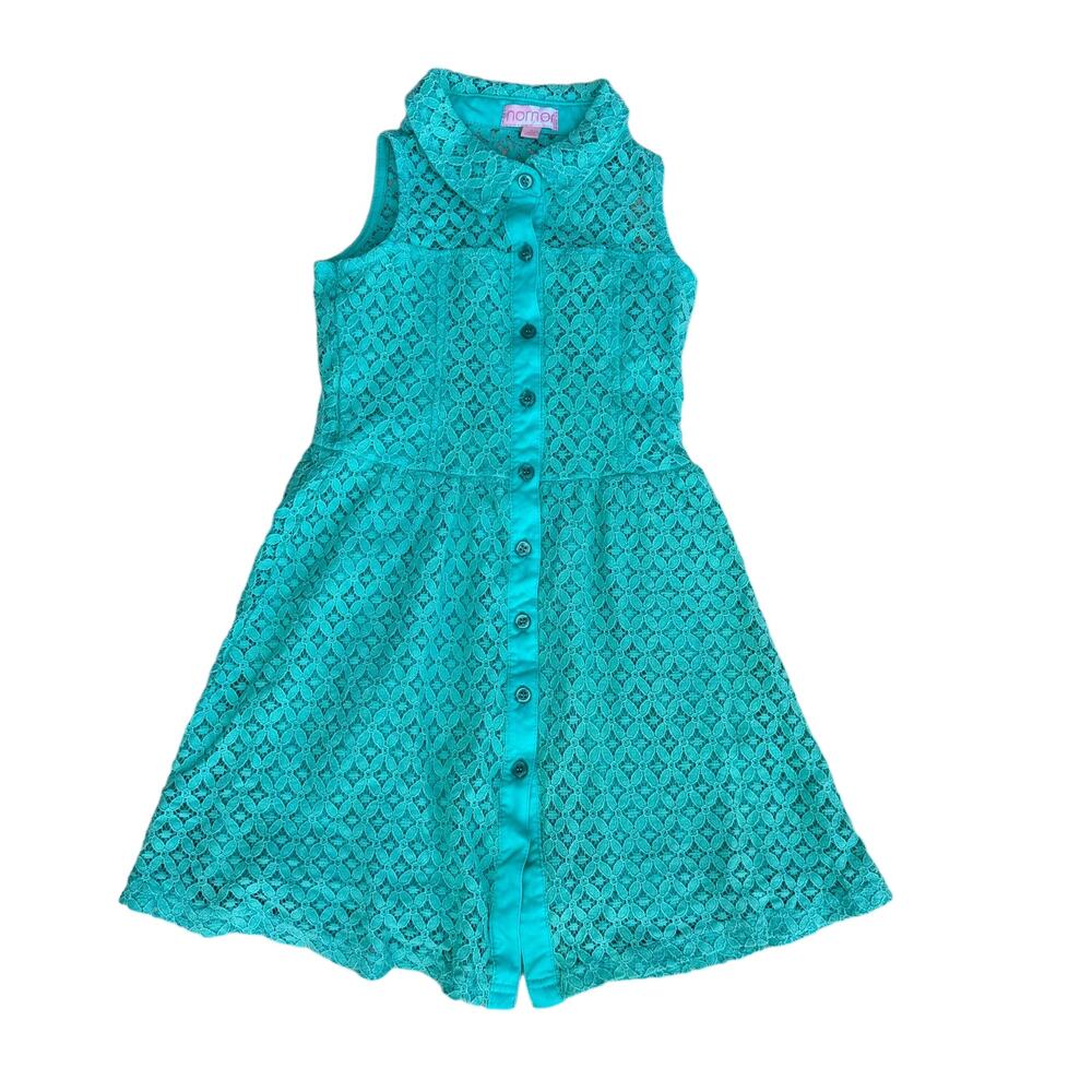JouJou Nornor Girls Cyan Sleeveless Lace Button Front A-Line Dress Size 8